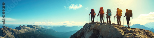 Mountain High Adventure: A group of hikers reaching the summit, their faces lit up with joy and accomplishment.