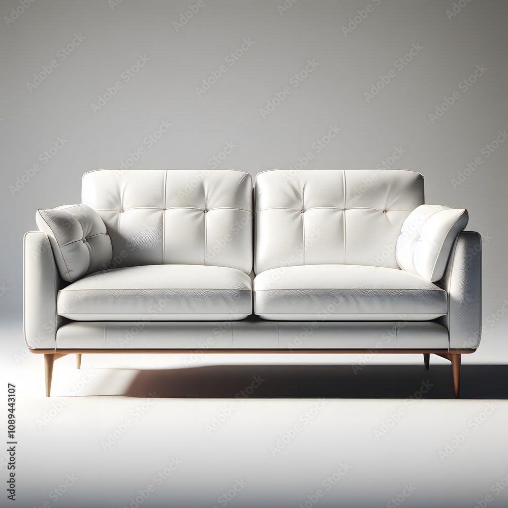 Modern white minimalist sofa in sunlit room with wooden legs Modern white minimalist sofa in sunlit room with wooden legs