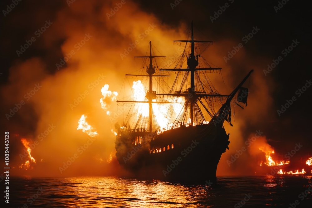 Obraz premium Ghostly Pirate Ship Under Smoke and Fire