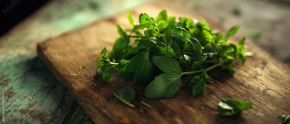 Freshly Harvested Green Herbs on Rustic Wooden Cutting Board in Soft Natural Light Capturing the Vibrant Colors and Textures of Nature's Bounty Freshly Harvested Green Herbs on Rustic Wooden Cutting Board in Soft Natural Light Capturing the Vibrant Colors and Textures of Nature's Bounty