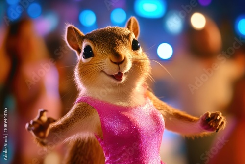 Adorable Squirrel in a Pink Dress Dancing on the Floor