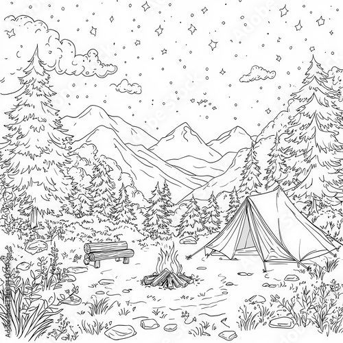 A camping scene with a tent...