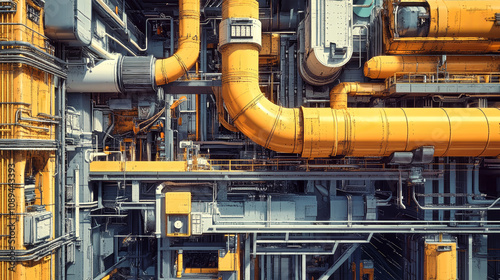 A stunning overview of an industrial plant with intricate orange pipes and yellow equipment showcasing exceptional engineering and design