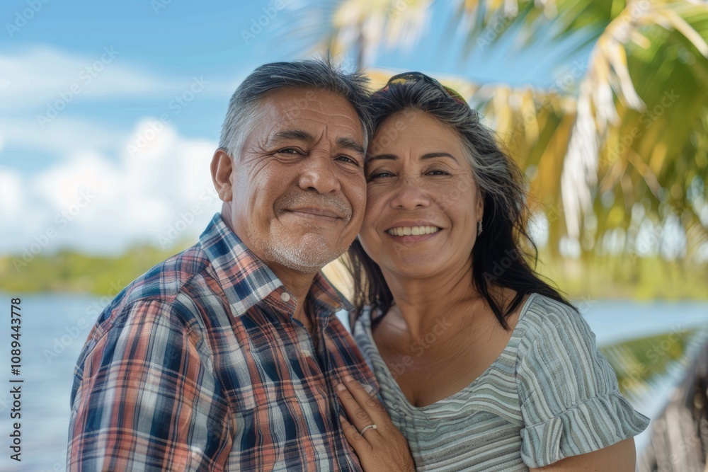 Obraz premium Portrait of a glad latino couple in their 50s dressed in a relaxed flannel shirt isolated in beautiful lagoon background