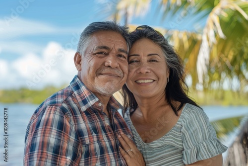 Portrait of a glad latino couple in their 50s dressed in a relaxed flannel shirt isolated in beautiful lagoon background