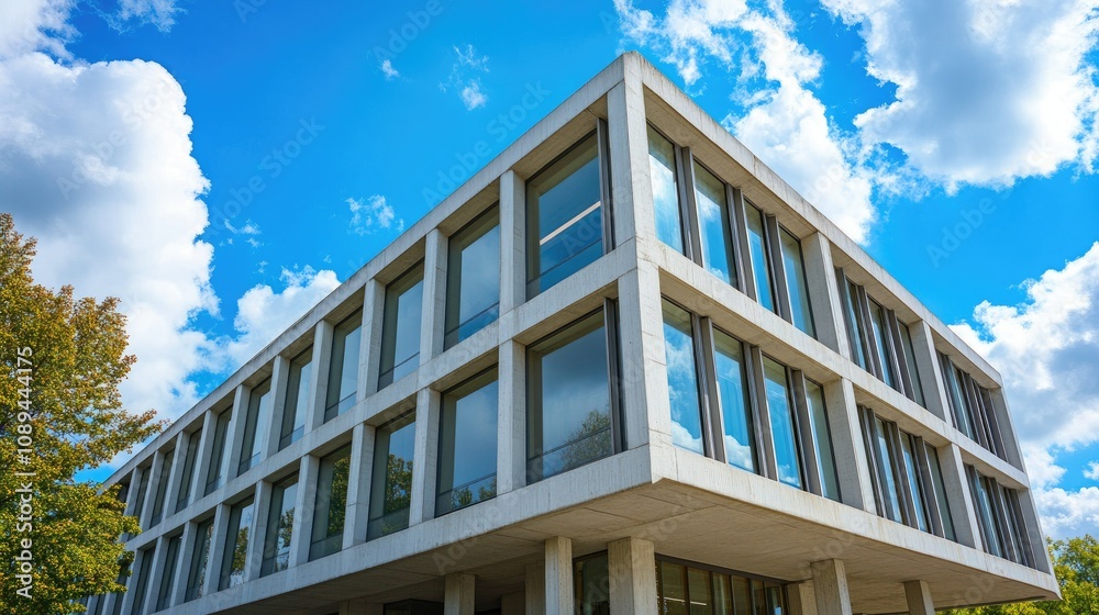 Minimalist design concrete building with clear architectural lines, set under a vibrant blue sky for a modern urban feel. Minimalist design concrete building with clear architectural lines, set under a vibrant blue sky for a modern urban feel.