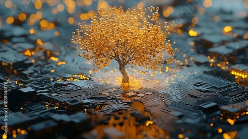 An composition depicting a tree like structure thriving within the intricate design of a computer chip symbolizing the of hierarchical clustering algorithms into advanced intelligence systems photo