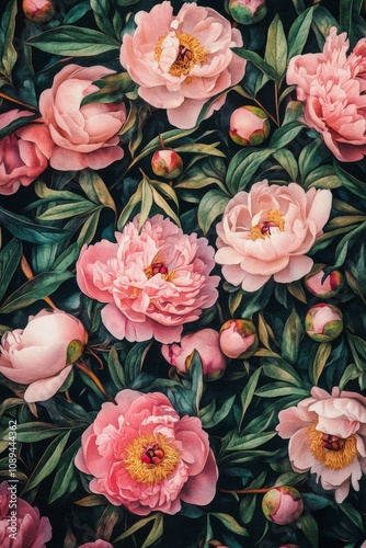 watercolor illustration pattern pink peonies and leaves, for printing on fabric, wallpaper, wrapping paper