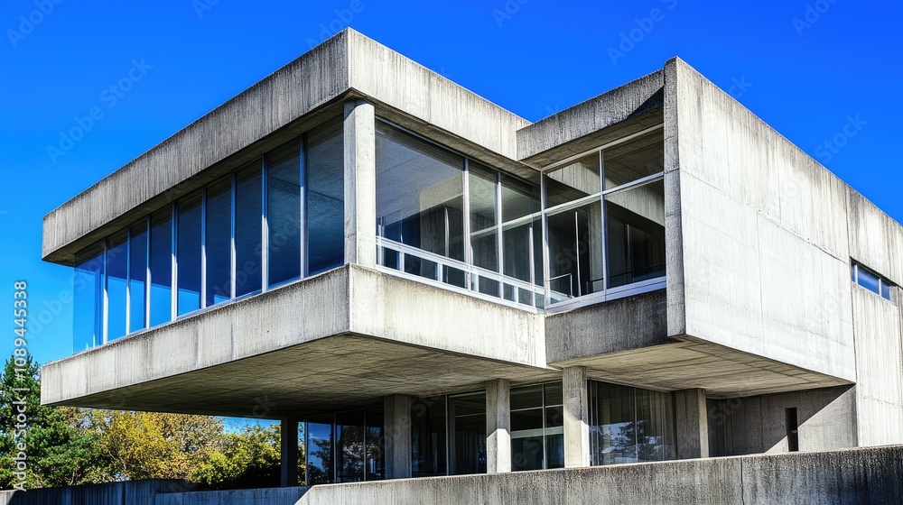 Modern concrete structure with large windows and clean lines, set against a bright blue sky for a fresh architectural look. Modern concrete structure with large windows and clean lines, set against a bright blue sky for a fresh architectural look.