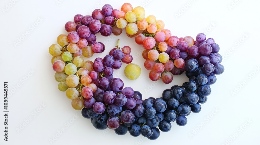 grapes arranged in a spiral pattern, creating a visually striking design. The grapes vary in size and color, grapes arranged in a spiral pattern, creating a visually striking design. The grapes vary in size and color,