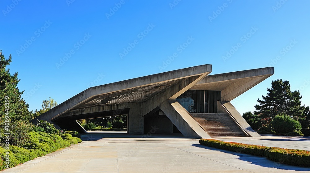 Modern concrete structure with sharp angles and smooth surfaces, set against a clear, bright blue sky for a sleek urban look. Modern concrete structure with sharp angles and smooth surfaces, set against a clear, bright blue sky for a sleek urban look.
