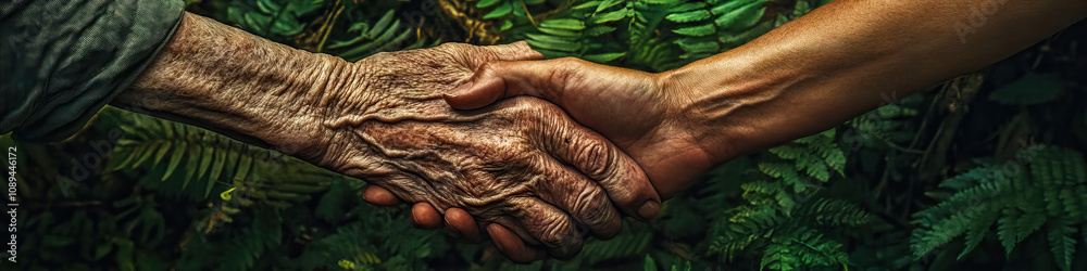 Fototapeta premium Two elderly hands, gnarled with time, clasped tightly together against the backdrop of a lush forest, with towering trees and vibrant green foliage.