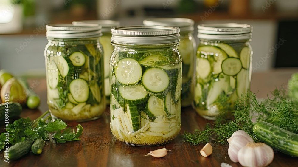 Multiple jars of cucumbers in a brine solution, lined up on a wooden table, with fresh herbs and garlic scattered around