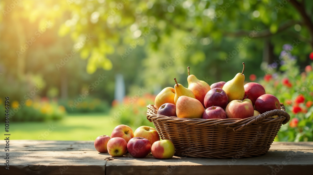 Basket of fresh fruits on a wooden table Basket of fresh fruits on a wooden table
