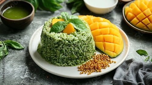 Beautifully Presented Mango Sticky Rice Dessert on a White Plate Featuring Vibrant Green Rice Golden Mango Slices Roasted Mung Beans and a Side of Creamy Coconut Milk for Added Flavor and Indulgence