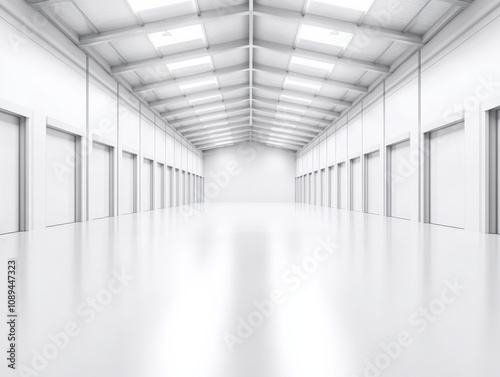 spacious and modern empty warehouse interior with white walls and bright lighting