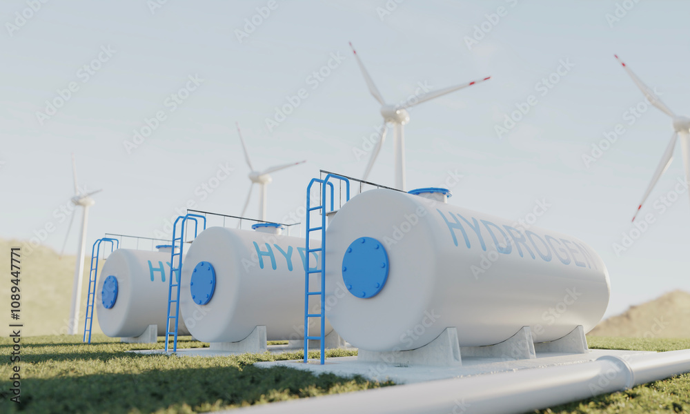 Fototapeta premium hydrogen fuel gas tank with blue sky and mounttain on background, renewable energy technology. 3d illustration.