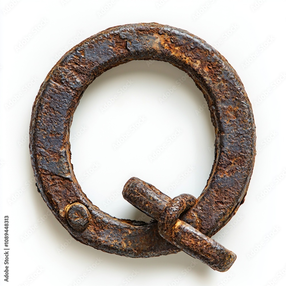 letter Q crafted rough rusty chain links stark white background showcasing unique textures and industrial design elements inspire creativity and strength.