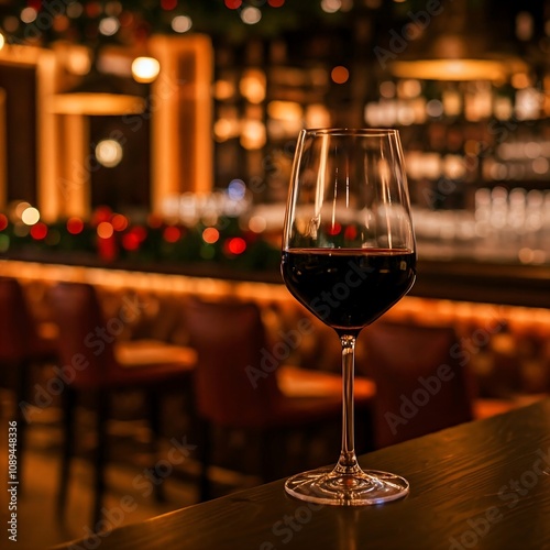 A crystal wine glass filled with deep red wine, a dimly lit bar counter with Christmas decorations, Christmas wine, wine glass, luxury bar, dim lighting, elegant, festive, red wine, holiday season, co photo