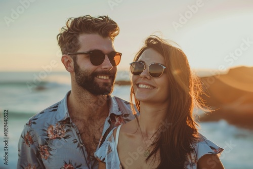 Portrait of a glad couple in their 20s wearing a trendy sunglasses over calm bay background photo