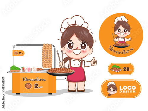 Cute chef with Grilled Thai fermented sausage or Sai Krok Isan logo cartoon design. Hand drawn vector illustration premium.