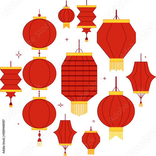 Set of red lanterns for celebrating Chinese Lunar New Year. Traditional Asian  circle round composition decor with lanterns, vector graphic logo set