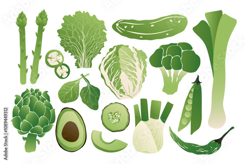Green vegetables. Fresh organic food with doodle hand drawn peas, cucumber, salad leaf, pepper, leek, broccoli for menu design. Vector veggies set