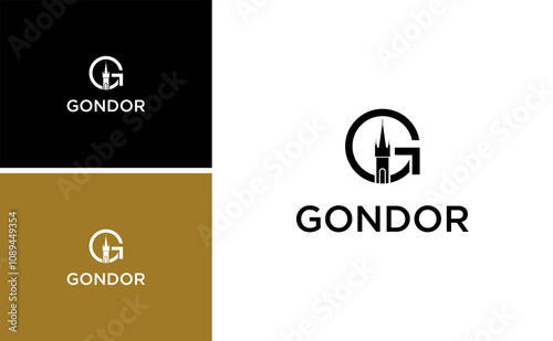 initial G gondor kingdom logo historic capital  heritage vector template in middle earth minas tirith concept