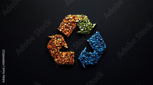 Captivating recycling logo design made of vibrant shattered glass pieces in contrasting colors symbolizing the transformation and renewal of sustainable practices photo