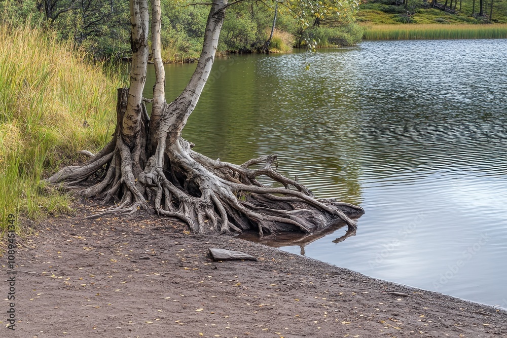 Serene Lake View with Tree Roots and Gentle Ripples Serene Lake View with Tree Roots and Gentle Ripples