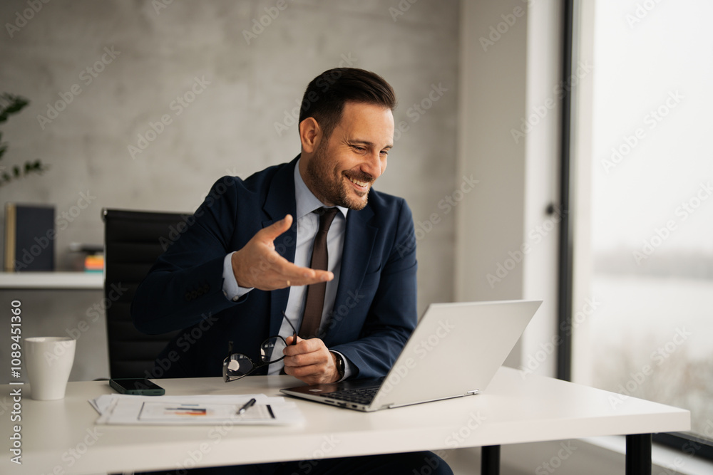 Successful businessman have video conference call at office Successful businessman have video conference call at office