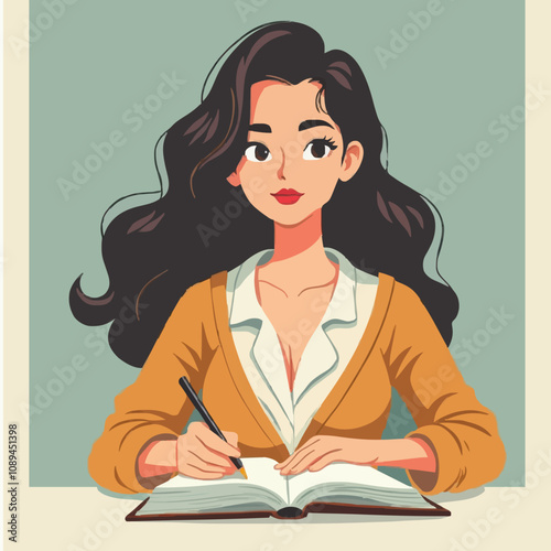 Illustration of a young woman sitting at a table with a book and a pen, doing a writing activity.