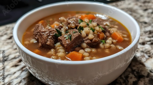 A bowl of hearty beef barley soup with carrots and parsley.