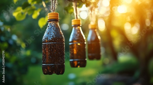 Discarded soda bottles cleverly repurposed into whimsical bird feeders hanging amidst the trees and greenery of a peaceful backyard  This sustainable