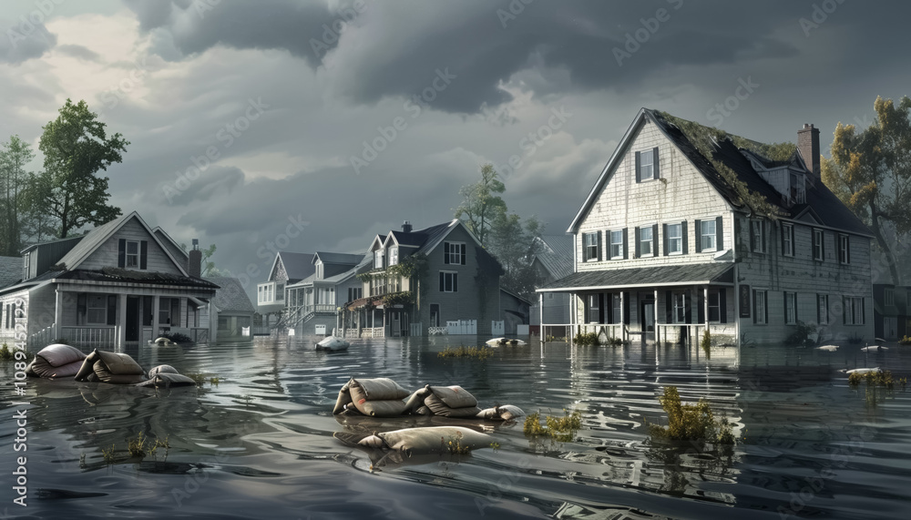 flooded town under storm clouds in residential area with submerged homes and reflective water during weather crisis, global warming and climate change, extreme weather concept flooded town under storm clouds in residential area with submerged homes and reflective water during weather crisis, global warming and climate change, extreme weather concept