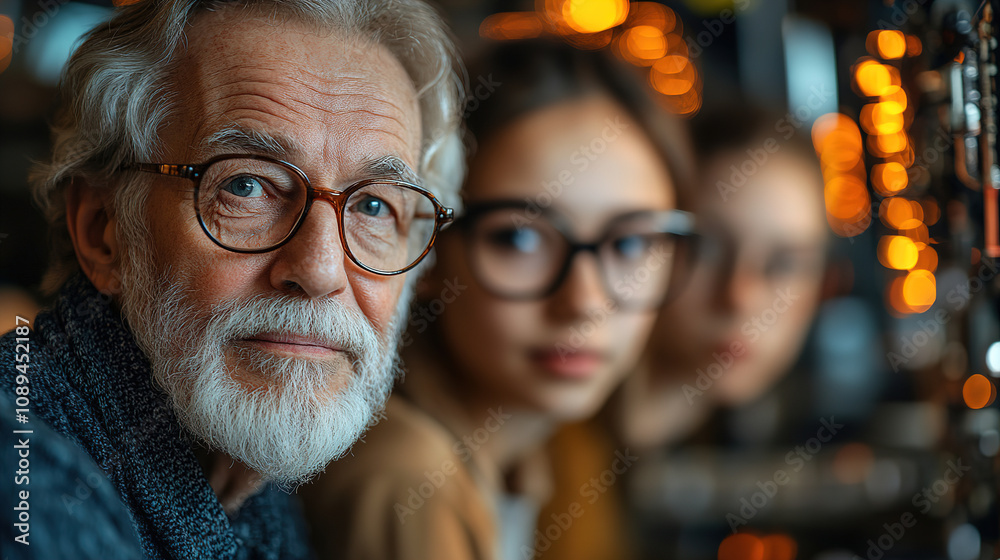 Elderly man interacts with young women in cozy cafe atmosphere during evening gathering. Generative AI Elderly man interacts with young women in cozy cafe atmosphere during evening gathering. Generative AI
