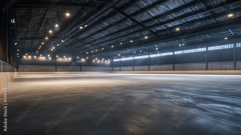 Side view of an empty rink under soft arena lighting, showcasing the freshly prepared surface and clean rink lines. Side view of an empty rink under soft arena lighting, showcasing the freshly prepared surface and clean rink lines.