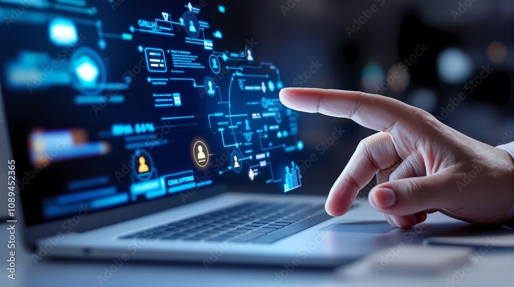 Technology interface, digital touchscreen, futuristic display, glowing blue icons, hand interacting, laptop computer, data visualization, network connections Technology interface, digital touchscreen, futuristic display, glowing blue icons, hand interacting, laptop computer, data visualization, network connections