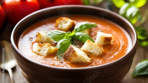 A bowl of creamy tomato and basil bisque, garnished with croutons.