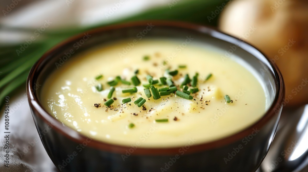 Creamy potato soup with chives and pepper in a brown bowl. Creamy potato soup with chives and pepper in a brown bowl.