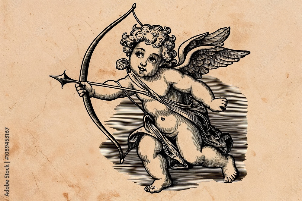 Fototapeta premium Cherub Cupid Engraving Art with Bow and Arrow for Valentine's Day Decor