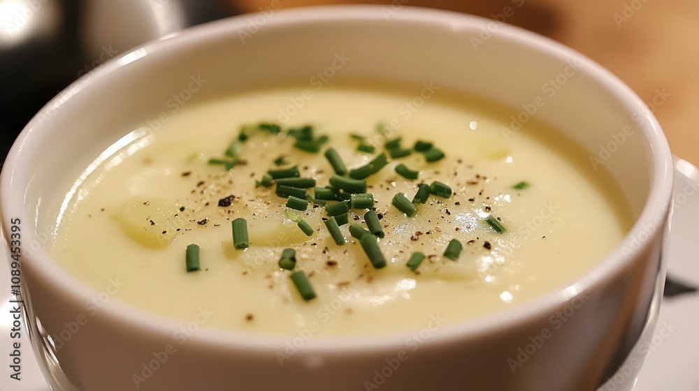 Creamy potato soup with chives and pepper in a white bowl. Creamy potato soup with chives and pepper in a white bowl.