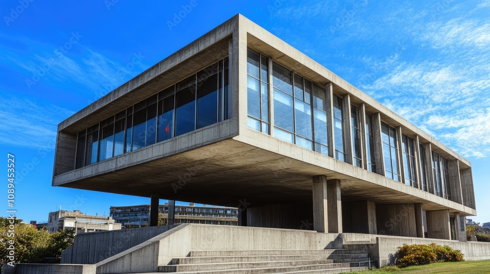 Fototapeta premium Sleek concrete building with large glass windows and geometric design against a bright blue sky, symbolizing urban innovation.