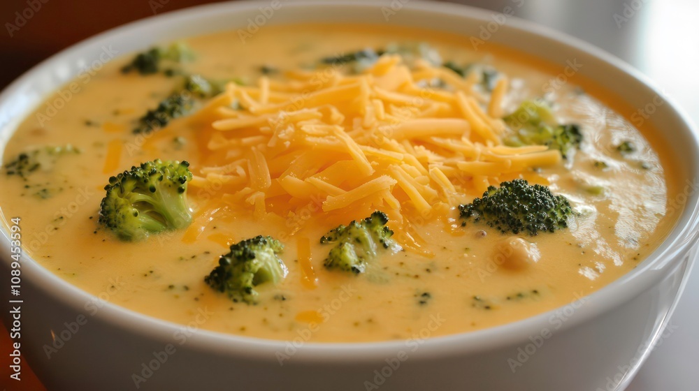 Creamy broccoli cheddar soup in a white bowl, garnished with shredded cheese and broccoli florets. Creamy broccoli cheddar soup in a white bowl, garnished with shredded cheese and broccoli florets.