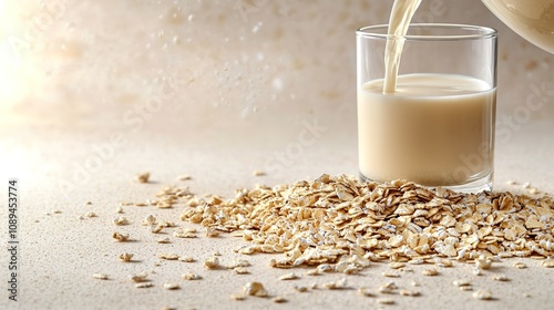 Pouring oat milk into glass with oats on beige background photo