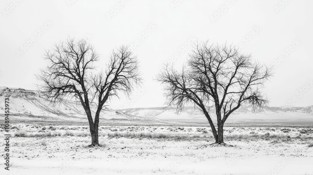 trees in winter concept. Two barren trees stand amidst a snow-covered landscape, creating a serene and stark winter scene in monochrome shades. trees in winter concept. Two barren trees stand amidst a snow-covered landscape, creating a serene and stark winter scene in monochrome shades.