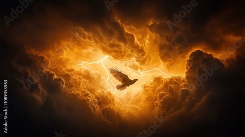 Majestic Bird Soars Through Dramatic Stormy Skies Illuminated by Golden Lightning