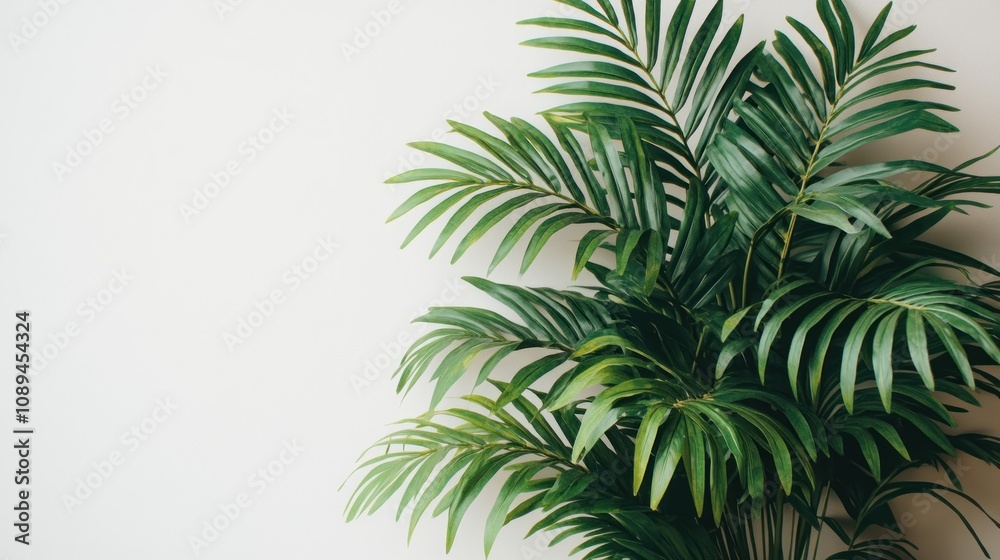 Lush green palm leaves against a white wall. Lush green palm leaves against a white wall.