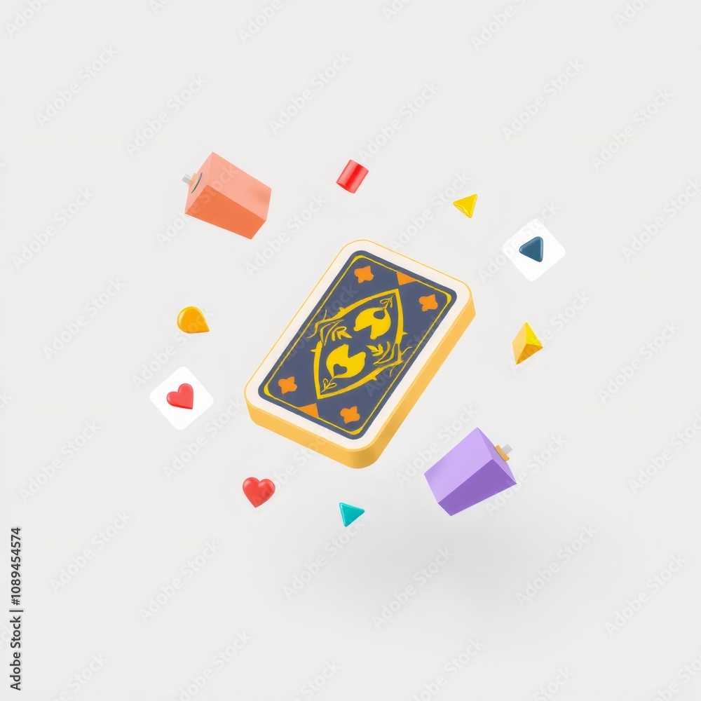 A 3D illustration of a single playing card with various colorful shapes around it. A 3D illustration of a single playing card with various colorful shapes around it.