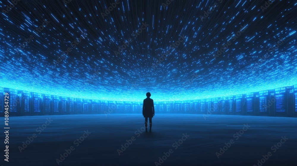 futuristic digital landscape with a person standing in a glowing environment futuristic digital landscape with a person standing in a glowing environment